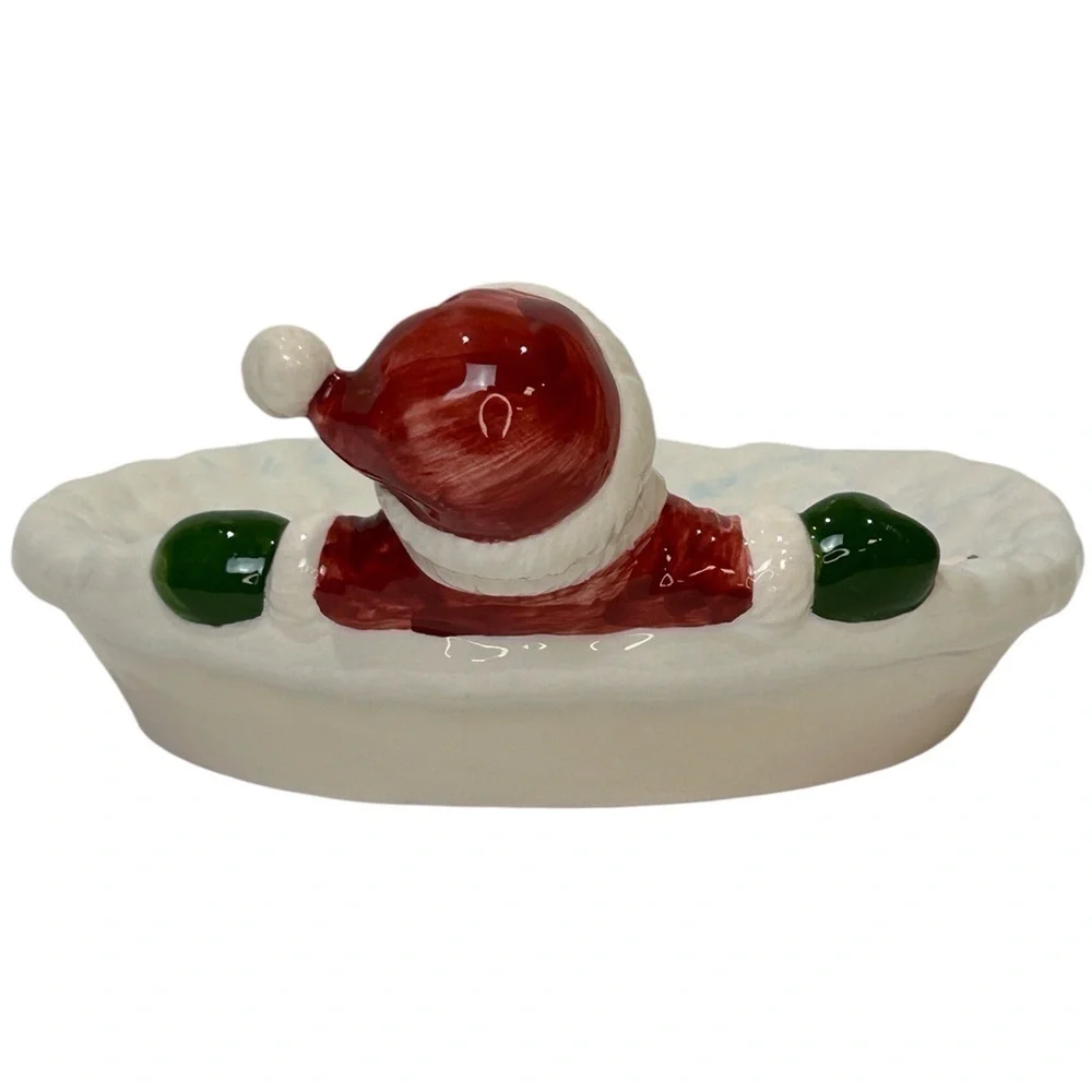 Santa on Snow Soap Dish/Candy Tray Christmas White/Red/Black Porcelain EUC